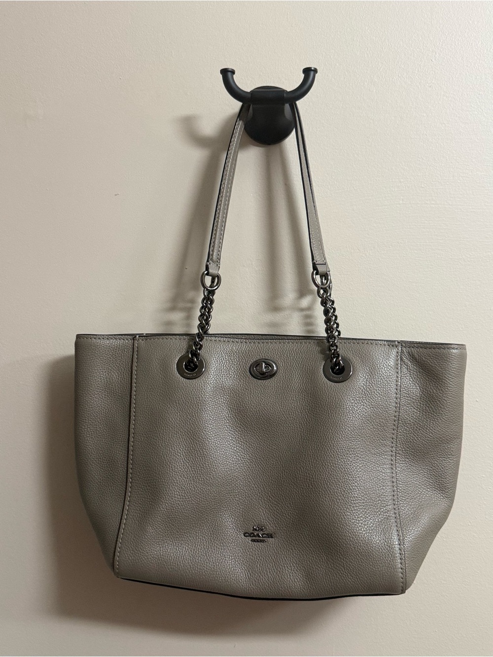 Coach Taupe Gray Pebbled Leather Tote with Chain-Link Straps